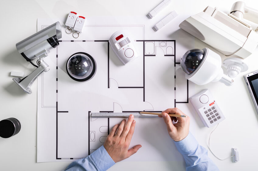 Planning a home security layout with cameras and a floorplan